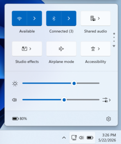 Windows 11 快速设置面板中的新“共享音频”磁贴。