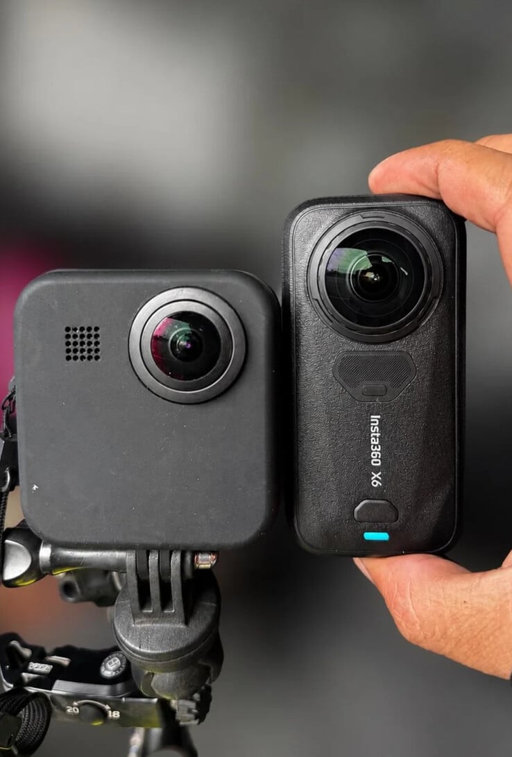 Insta360 X6 与 GoPro Max 360 运动相机并列摆放。