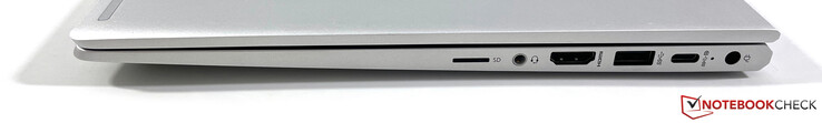 右边：microSD读卡器，3.5毫米音频，HDMI 1.4b，USB-A 3.2 Gen.1，USB-C 3.2 Gen.2（DisplayPort 1.4），电源
