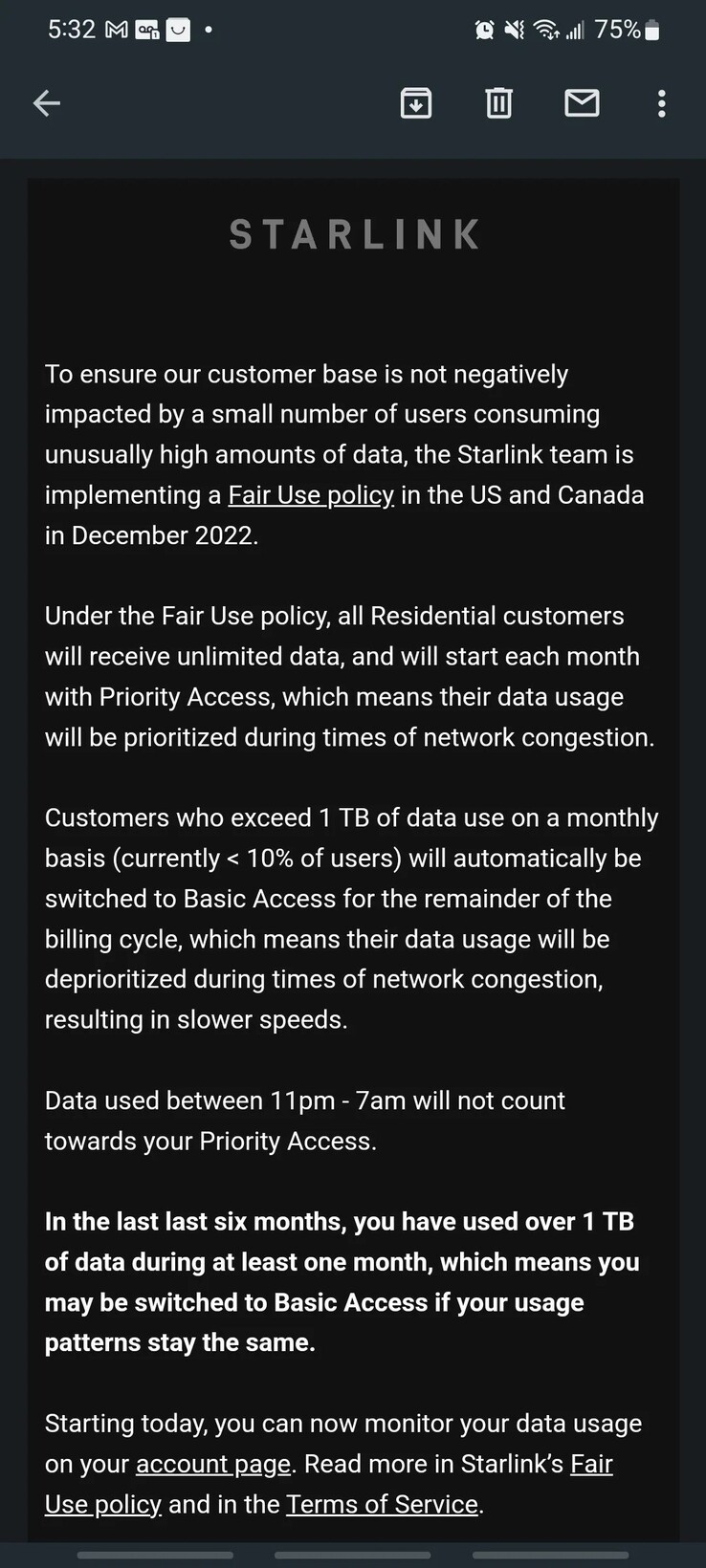 SpaceX从周五开始向Starlink用户发送的数据上限信息