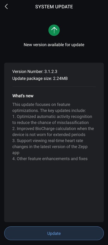 Amazfit Helio Strap 3.1.2.3 版软件的发布说明。(图片来源：u/FluffyMousse6975 via Reddit）