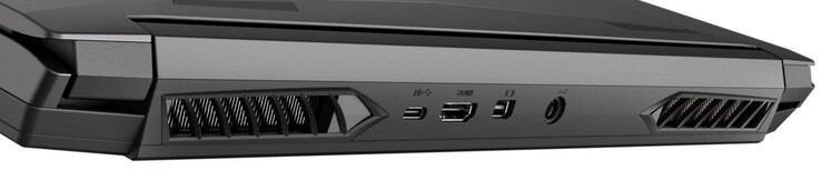 背面。USB 3.2 Gen 2（USB-C，DisplayPort 1.4，G-Sync），HDMI 2.1（带HDCP 2.3），Mini DisplayPort 1.4（G-Sync），电源接口