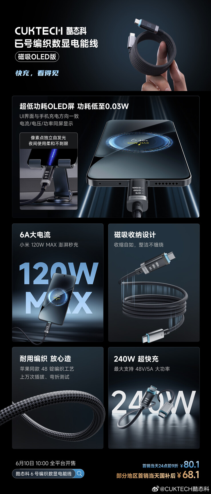 Cuktech 6 编织数字显示器电源线（磁性 OLED 版）的帖子。(图片来源：Cuktech 通过微博，机译）