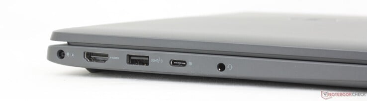 左边：专有的AC适配器，HDMI 1.4，USB-A 3.2 Gen. 1，USB-C 3.2 Gen. 2 w/ DisplayPort 1.4 + Power Delivery，3.5毫米耳机