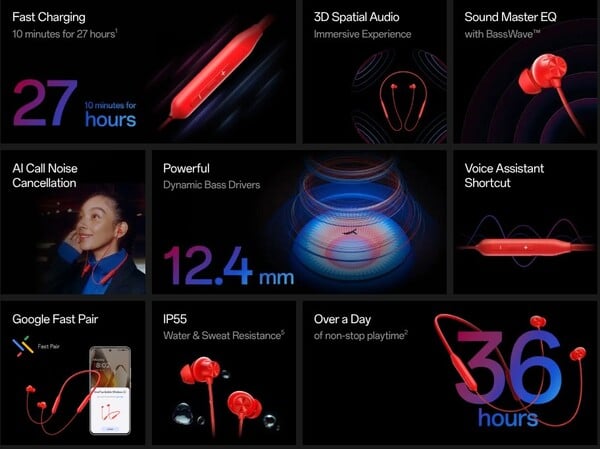 OnePlus Bullets Wireless Z3 具有空间音频和四种音频预设。(图片来源：OnePlus）