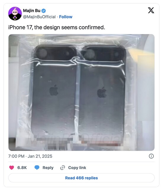 Majin Bu 在帖子中提到了 iPhone 17，但后置单摄像头暗示了 iPhone 17 Air。(图片来源：Majin Bu）