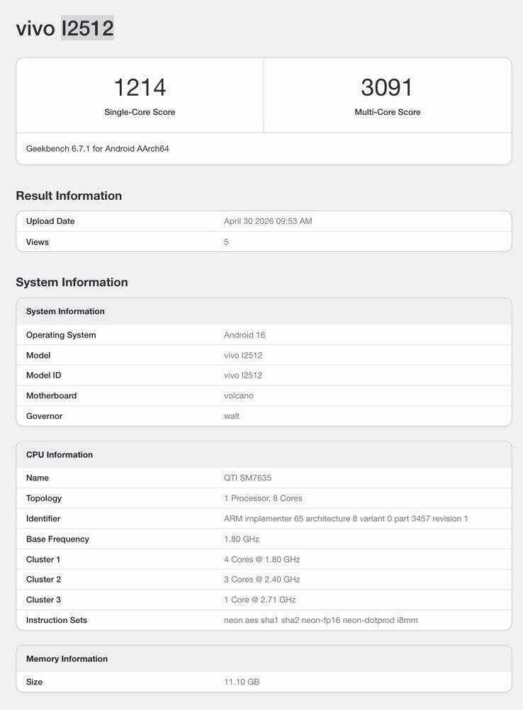 iQoo Z11 的 Geekbench 列表。