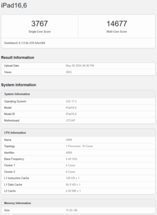 Apple Geekbench 上的 M4 CPU 性能（图片来自 Geekbench）