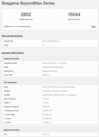 Geekbench 上的博弈 M5 AI 迷你桌面（图片来源：Geekbench）