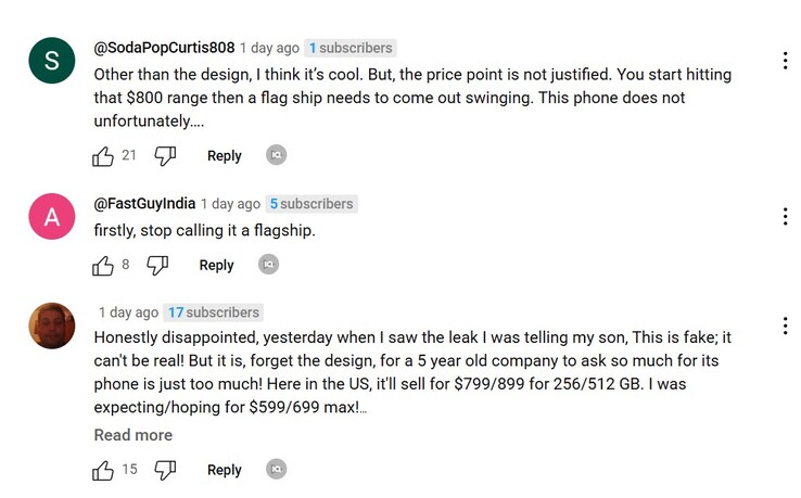 来自 PhoneArena 关于 Nothing Phone 视频的 3 条热门评论 (3)
