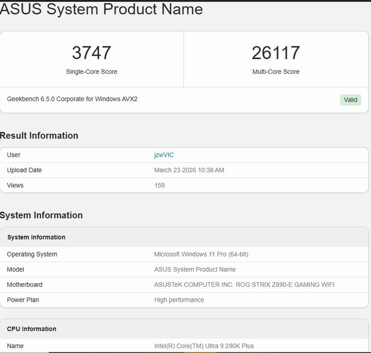 Core Ultra 9 290K Plus Geekbench 6.5 性能。