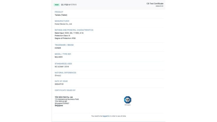 TÜV SÜD 针对 Honor Pad 20 Pro 的认证信息。