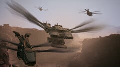 在 Funcom 的生存网络游戏《沙丘：觉醒》中，鸟类直升机在沙漠上空翱翔：觉醒（图片来源：Funcom 新闻资产）