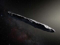 迄今发现的第一颗星际小行星 1I/ʻOumuamua 的插图。(图片来源：ESO，M. Kornmesser）