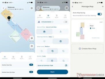eufy 应用程序显示充电动画、清洁选项和地图管理器。