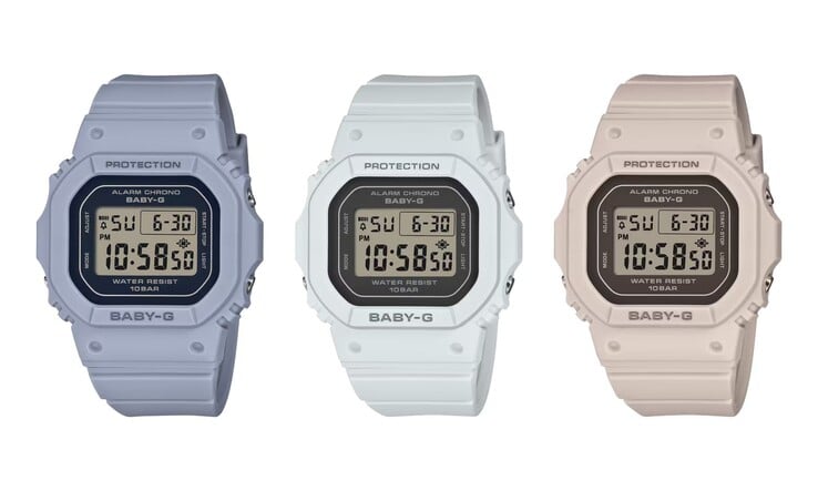 从左至右:Casio BGD-565FG-2B、BGD-565FG-2C 和 BGD-565FG-5 腕表
