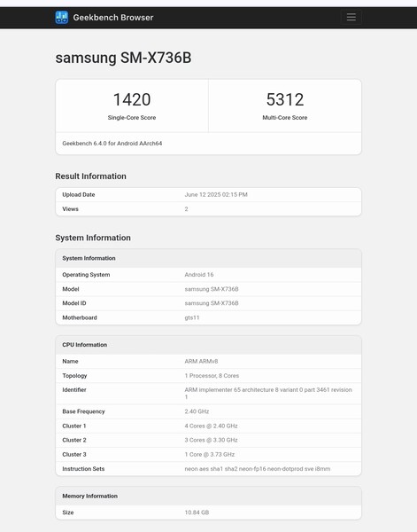 Galaxy Tab S11 Geekbench 列表（图片来源：Abhishek Yadav on X）
