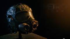 Metro 2039 典藏版斯巴达头盔复制品的特写,配有深色面罩、集成式防毒面具组件和饱经战火的细节。