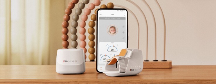 Masimo 的 Stork Vitals 婴儿监护系统配有婴儿防护罩、集线器和智能手机应用程序。(来源：Masimo）