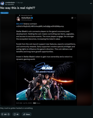 被黑客攻击的 Stellar Blade X 账户发布加密货币骗局帖子（图片来源：截图，Stellar Blade subreddit）