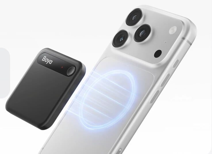 Boya Notra Neo AI 会议录音器配有兼容 MagSafe 的磁吸支架。
