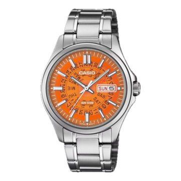 卡西欧(Casio)的橙色款MTP-E740-4AV腕表,其半透明表盘的设计灵感源自精工(Seiko)1970年代的Time Sonar系列腕表。