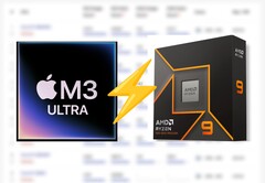 AppleM3 Ultra 出现在 Cinebench 2024 中，领先 Ryzen 9 9950X CPU 约 25%。(图片来源：Apple, AMD，已编辑）