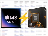 AppleM3 Ultra 出现在 Cinebench 2024 中，领先 Ryzen 9 9950X CPU 约 25%。(图片来源：Apple, AMD，已编辑）