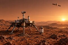 中国“天问三号”任务的概念图，该任务旨在将火星岩石和土壤样本送回地球。
