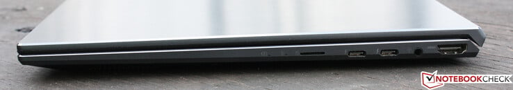 右边。MicroSD读卡器，2 x Thunderbolt 4（USB-C 3.2 Gen 2x2），3.5毫米组合音频插孔，HDMI 2.0b