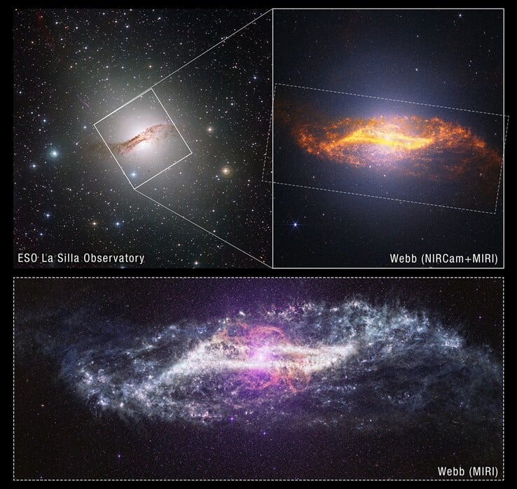 一张展示半人马座A星系、由不同仪器拍摄的图像。