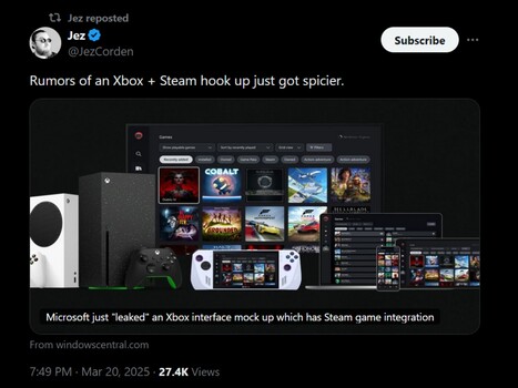 Jez Corden Steam 在 Xbox App X 上发布的帖子（图片来源：截图，Jez Corden X 账户）