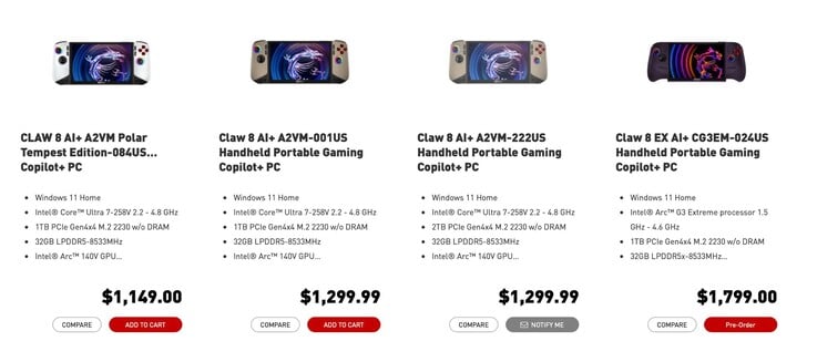 MSI Claw 8 EX AI+ 的价格比旧款机型高出不少。