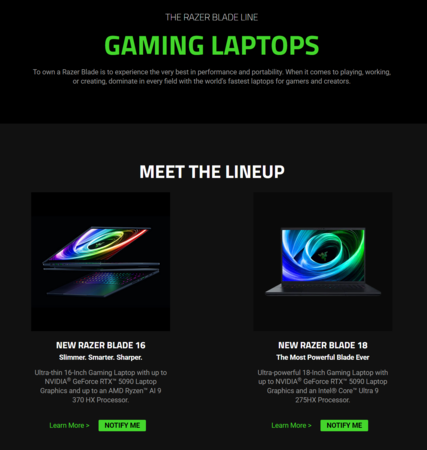 Razer Blade 笔记本电脑在美国商店缺货（图片来源：截图，Razer 美国商店）