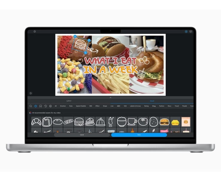 MacBook 展示 VLLO 应用程序，其中包含人工智能推荐的美食视频贴纸。(图片来源：Apple 新闻中心）