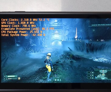 在 GPD Win 5 和 AMD Ryzen AI Max+ 395 上运行的 Returnal，在 42W 系统功耗下显示 86 FPS 性能基准。(图片来源：The Phawx via YouTube）
