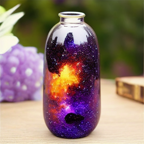 一个人工智能生成的瓶子，里面有一个星系，放在一张普通的木桌上。(图片来源：人工智能生成）