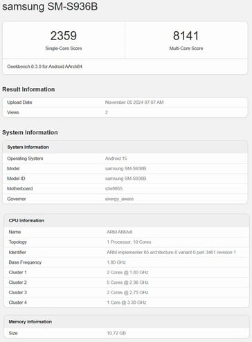 Exynos 2500 Geekbench 列表与Galaxy S25+ 原型机（图片来源：Geekbench）