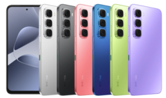 Infinix Hot 60i 有光滑黑、钛银、阴影蓝、霓虹红、草甸绿和魅眼紫五种配色（图片来源：Infinix）