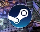 一张展示 Steam 标志和游戏《Solasta: Crown of the Magister》的图片，该游戏目前在 Steam 上享受 75% 折扣。