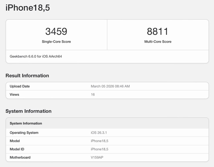 泄露的 iPhone 17e Geekbench 列表。