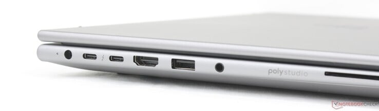 左:交流电源适配器、2 个 USB-C Thunderbolt 4 w/ DisplayPort 2.1 + Power Delivery (40 Gbps)、HDMI 2.1、USB-A (5 Gbps)、3.5 mm 组合音响、智能卡读卡器(选配)