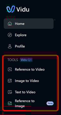 左侧边栏的工具（图片来源：Vidu.com 截图）