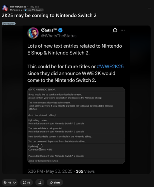 WWE 2K Switch 2 自定义音乐（图片来源：截图，WWEGames subreddit）