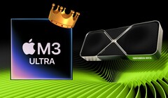 Apple M3 Ultra SoC 在 GFXBench 早期测试结果中大放异彩，与 Nvidia 和 AMD 的高端台式机 GPU 展开了激烈角逐。(图片来源：Apple, Nvidia，已编辑）