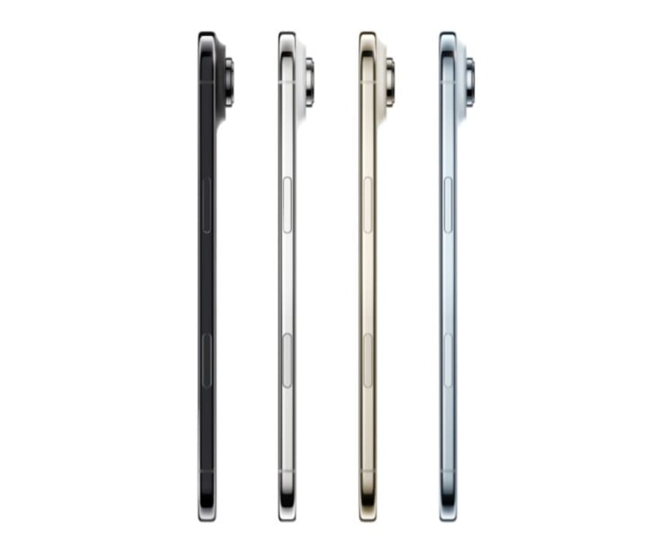 黑色、白色、金色和蓝色四款Apple iPhone Air 侧面图（图片来源：Apple)