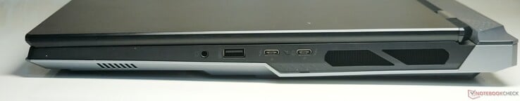 右：3.5 毫米组合音频插孔、USB 3.2 Gen2 Type-A、2 个 Thunderbolt 5（带 DisplayPort 2.1 输出和 Power Delivery 3.1）。