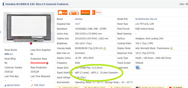 通过查看我们的笔记本电脑的后部面板，我们得到了它的确切名称：N140HCA-EAC Rev. C4。根据Panelook，它有一个30针，2通道的eDP 1.2输入（图片来源：屏幕截图）。