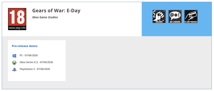 战争机器:E-Day》在 PEGI 网站上的评级。
