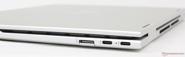 右边。USB-A 10 Gbps, 2x Thunderbolt 4 w/ Power Delivery + DisplayPort 1.4